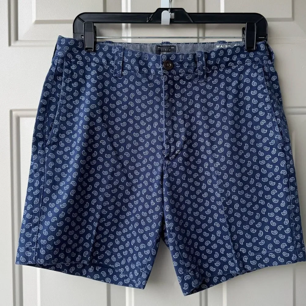 J.Crew Men’s Stretch Chino Shorts 30x9 Navy Blue Paisley Print Preppy Casual